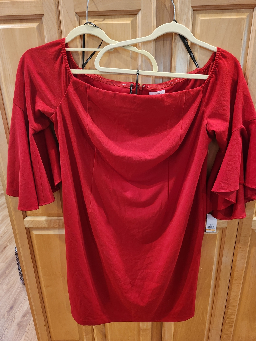 Calvin Klein Red Off Or On The Shoulder Bell-Sleeve Dress